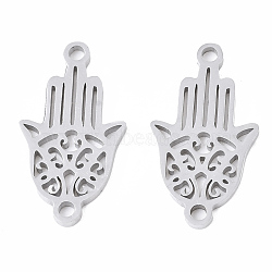 201 Stainless Steel Links connectors, Laser Cut, Hamsa Hand/Hand of Fatima/Hand of Miriam, Stainless Steel Color, 18x10x1mm, Hole: 1.4mm(X-STAS-S079-193P)