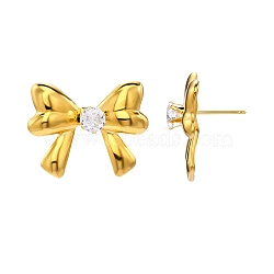 304 Stainless Steel Stud Earrings, Bowknot, with Rhinestone, Golden, 23x29mm(EJEW-D362-07G)