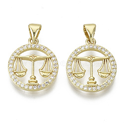 Brass Micro Pave Cubic Zirconia Pendants, Nickel Free, with Snap on Bail, Flat Round with Constellation, Clear, Real 18K Gold Plated, Libra: 17.5x15x2mm, Hole: 4x3mm(X-ZIRC-S061-199A-G-NF)