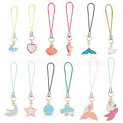 Marine Life Alloy Enamel Mobile Straps, Polyester Lanyard Mobile Accessories Decoration, Mixed Color, 7~8.7cm, 12pcs/set(HJEW-AB00614)