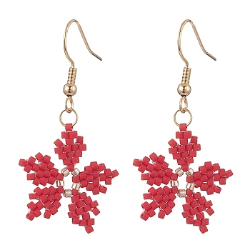 Glass Seed Braided Snowflake Dangle Earrings, Golden 304 Stainless Steel Wire Wrap Christmas Earrings for Women, Red, 42mm, Pin: 0.7mm