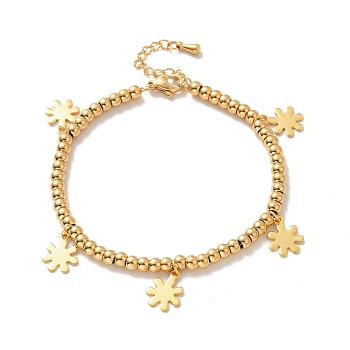 Vacuum Plating 304 Stainless Steel Snowflake Charm Bracelet with 201 Stainless Steel Round Beads for Women, Golden, 8-5/8 inch(21.8cm)