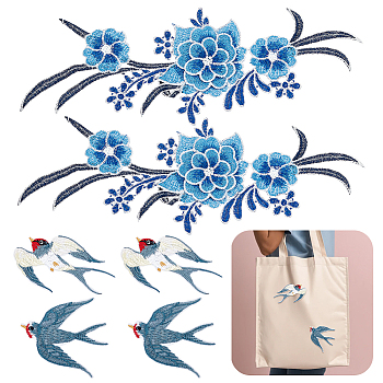 WADORN 6Pcs 4 Style Swallow & Flower Computerized Embroidery Iron on/Sew on Patches, Chinese Style Appliques, Mixed Color, 46~120x72~345x1.5~3mm