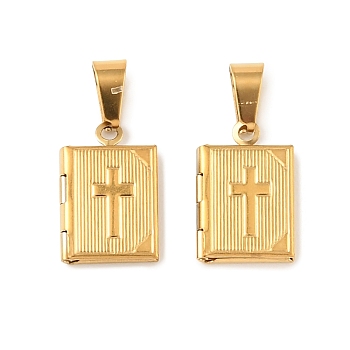316 Stainless Steel Locket Pendants, Book with Corss Charm, with 304 Stainless Steel Snap on Bails, Long-Lasting Plated, Ion Plating(IP), Real 20K Gold Plated, 17x11.5x3mm, Hole: 7x4mm, Inner Diameter: 9.5x6.5mm