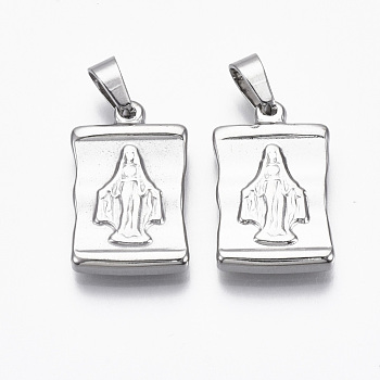 304 Stainless Steel Pendants, Rectangle with Virgin Mary & Cross, Stainless Steel Color, 24x15x3.5mm, Hole: 4x6mm