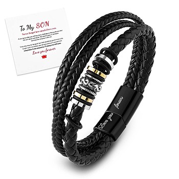 Word Love You Forever Braided Leather Triple Layer Multi-strand Bracelet, Graduation Birthday Gifts for Son Grandson, Black, 8-7/8 inch(22.5cm)