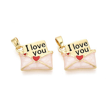 Brass with Enamel Pendants, Envelope Charms, Real 18K Gold Plated, White, 13.5x16x3mm, Hole: 4.5x2.5mm