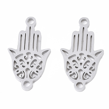 201 Stainless Steel Links connectors, Laser Cut, Hamsa Hand/Hand of Fatima/Hand of Miriam, Stainless Steel Color, 18x10x1mm, Hole: 1.4mm