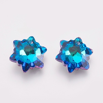 K9 Glass Rhinestone Pendants, Imitation Austrian Crystal, Faceted, Snowflake, Bermuda Blue, 30x10.5mm, Hole: 1.6mm