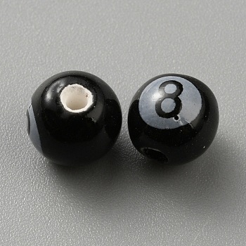 Handmade Porcelain Beads, Round with Number 8, Black, 8mm, Hole: 2mm