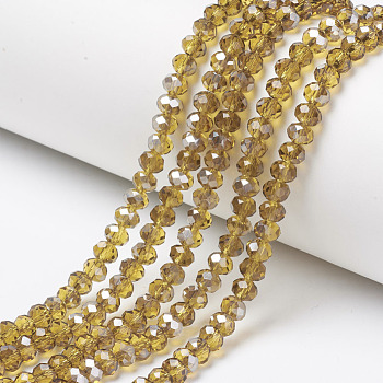 Electroplate Transparent Glass Beads Strands, Half Gray Plated, Faceted, Rondelle, Goldenrod, 4x3mm, Hole: 0.4mm, about 123~127pcs/strand, 16.5~16.9 inch(42~43cm)