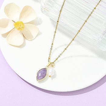 Natural Lepidolite Faceted Horse Eye & Natural Pearl Pendant 304 Stainless Steel Satellite Chain Necklaces for Women, Golden, 17.72 inch(45cm)