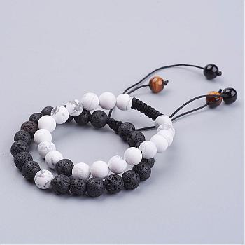 Natural Lava Rock & Howlite Round Beaded Bracelets for Men, Braided Bead Bracelets, with Natural Tiger Eye & Synthetic Black Stone, 1-7/8 inch(49mm)