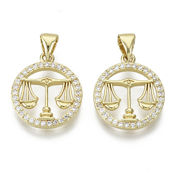 Brass Micro Pave Cubic Zirconia Pendants, Nickel Free, with Snap on Bail, Flat Round with Constellation, Clear, Real 18K Gold Plated, Libra: 17.5x15x2mm, Hole: 4x3mm