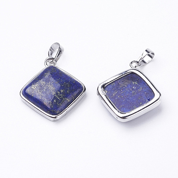 Natural Lapis Lazuli Pendants, with Brass Findings, Rhombus, Platinum, 25x29x7mm, Hole: 5x7mm, 18x18mm