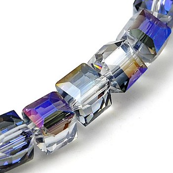 Electorplated Glass Beads, Rainbow Plated, Faceted, Cube, Medium Purple, 9x9x9mm, Hole: 1mm