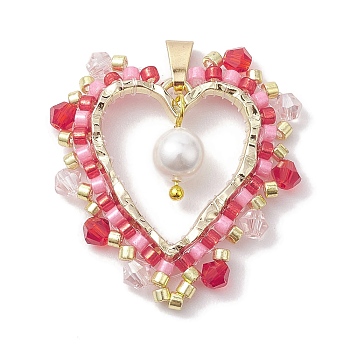 Seed Glass & Shell Pearl Pendant, with 304 Stainless Steel Findings, Heart, Golden, Crimson, 35x30x6.5mm, Hole: 5.5x3mm