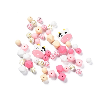 Round/Polygon/Cow Head Food Grade Eco-Friendly Silicone Focal Beads, Chewing Beads For Teethers, DIY Nursing Necklaces Making, Mixed Color, 12~29x12~31x4~12mm, Hole: 2.5mm, 50pcs/bag