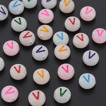 Acrylic Beads, Glow in the Dark, with Enamel and Luminous, Horizontal Hole, Flat Round with Alphabet, Letter.V, 6.5x7x4mm, Hole: 1.6mm, about 3600pcs/500g