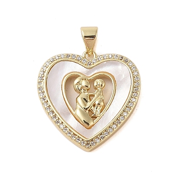 Brass Micro Pave Clear Cubic Zirconia Pendants, with Shell Charms, Mother's Day Collection, Real 18K Gold Plated, Heart, 22.5x21.5x4mm, Hole: 3.5x4mm