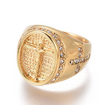 Ion Plating(IP) 304 Stainless Steel Finger Rings, with Rhinestone, For Easter, Crucifix Cross, Golden, Size 8~13, 18~22mm