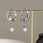 Stainless Steel Freshwater Pearl Teardropr Dangle Stud Earrings, Silver, 39.2x17.9mm(BM6566-2)