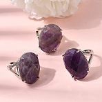Natural Amethyst Finger Rings, Brass Rings, Faceted Egg, Rack Plating, 19mm(RJEW-C154-01I)