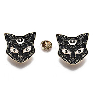 Alloy Brooches, Enamel Pin, with Brass Butterfly Clutches, Cat Shape, Light Gold, Black, 37x37.5x2mm, Pin: 1mm(JEWB-S011-063)