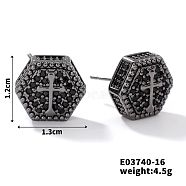 Chic Brass Cubic Zirconia Stud Earrings, Fashionable and Versatile Accessories, Hexagon, Black, 12x13mm(ZD1304-8)