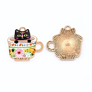 Japanese Style Print Alloy Enamel Pendants, Cup with Cat Charms, Cadmium Free & Lead Free, White, 22.7x22.5x1.8mm, Hole: 1.8mm and 4x3mm(ENAM-N056-212B-RS)