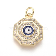 Brass Micro Pave Cubic Zirconia Pendants, with Enamel, Eight Trigrams with Evil Eyes, Clear, Golden, 17x14x3.5mm, Hole: 3.5mm(ZIRC-I032-49G)