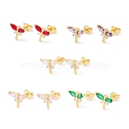 Brass Micro Pave Cubic Zirconia Stud Earring, Real 18K Gold Plated, Dragonfly, Mixed Color, 7.5x10mm, Pin: 1mm(EJEW-C021-05G)