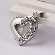 Heart 304 Stainless Steel Rhinestone Pendants, Stainless Steel Color, 24x20x2mm, Hole: 7x4mm(STAS-M232-03P)