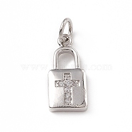 Brass Micro Pave Cubic Zirconia Pendants, with Jump Ring, Lock with Religion Cross Charm, Platinum, 16.5x7x2mm, Hole: 3mm(ZIRC-F132-45P)