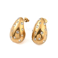 Ion Plating(IP) 304 Stainless Steel with Rhinestone Stud Earrings for Women, Teardrop, Golden, 27x17mm(EJEW-N055-19G)