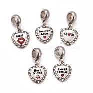304 Stainless Steel European Dangle Charms, Large Hole Pendants, with Black & Dark Red Enamel and Crystal Rhinestone, Heart with Word, Stainless Steel Color, 23.5mm, Hole: 4.5mm(STAS-F278-02P)