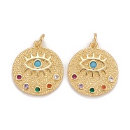 Brass Micro Pave Colorful Cubic Zirconia Pendants, Cadmium Free & Nickel Free & Lead Free, Flat Round with Eyes, Real 18K Gold Plated, 20x18x2mm, Jump Ring: 5x1mm, Inner Diameter: 3.5mm.(KK-Z023-10G)