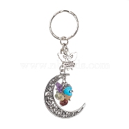 Moon & Angel Alloy Pendant Keychain, 7 Chakra Gemstone Chip Pendant Keychain, Antique Silver, 9cm(KEYC-JKC00697)