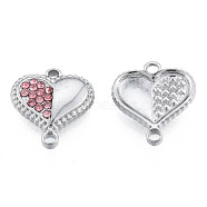 304 Stainless Steel Connector Charms, with Light Rose Rhinestone, Heart, Stainless Steel Color, 14x13x3mm, Hole: 1.2mm & 1.6mm(STAS-N098-151P)