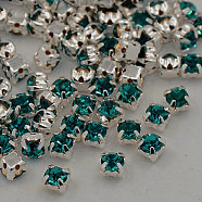 Sew on Rhinestone, Grade A Glass Rhinestone, with Brass Prong Settings, Garments Accessories, Silver Color Plated Metal Color, Blue Zircon, 3~3.2x3~3.2mm, Hole: 1mm, about 1440pcs/bag(RB-J179-SS12-229)