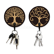 Wooden & Zinc Alloy Hook Hangers, Wall Mounted Key Hooks, Flat Round with Tree of Life Pattern, Black, 100x100x7mm, 1pc/style, 2 style, 2pcs/set(DIY-WH0460-006)