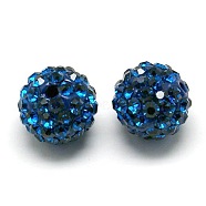 Polymer Clay Rhinestone Beads, Pave Disco Ball Beads, Grade A, Round, Half Drilled, Capri Blue, 8mm, Hole: 1mm(RB-H258-HD8mm-243)