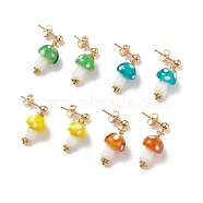 Handmade Lampwork Mushroom Dangle Stud Earrings, Gold Plated 304 Stainless Steel Jewelry for Women, Mixed Color, 28.5~30mm, Pin: 0.9mm(EJEW-JE04928)