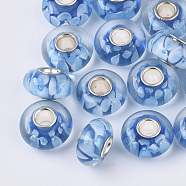 Handmade Lampwork European Beads, Inner Flower, Large Hole Beads, with Silver Color Plated Brass Single Cores, Rondelle, Dodger Blue, 14x7.5mm, Hole: 4mm(X-LAMP-S193-004I)