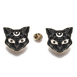 Alloy Brooches, Enamel Pin, with Brass Butterfly Clutches, Cat Shape, Light Gold, Black, 37x37.5x2mm, Pin: 1mm(JEWB-S011-063)