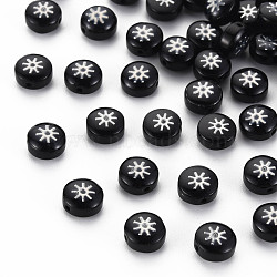 Handmade Normal Lampwork Beads, with Platinum Plated Brass Metal Embellishments, Flat Round with Sun, Black, 8x5mm, Hole: 0.8mm(LAMP-N030-001-07)