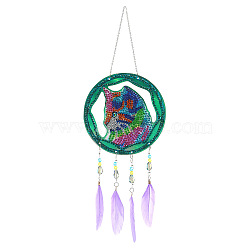 DIY Diamond Painting Web with Feather Wind Chime Kits, Including Resin Rhinestones, Diamond Sticky Pen, Tray Plate and Glue Clay, Cat Pattern, 330mm(DIAM-PW0001-223D)
