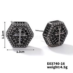 Chic Brass Cubic Zirconia Stud Earrings, Fashionable and Versatile Accessories, Hexagon, Black, 12x13mm(ZD1304-8)