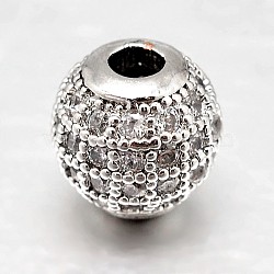 Round Brass Micro Pave Cubic Zirconia Beads, Clear, Platinum, 8mm, Hole: 2mm(ZIRC-N016-01P-8mm)