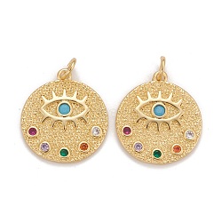 Brass Micro Pave Colorful Cubic Zirconia Pendants, Cadmium Free & Nickel Free & Lead Free, Flat Round with Eyes, Real 18K Gold Plated, 20x18x2mm, Jump Ring: 5x1mm, Inner Diameter: 3.5mm.(KK-Z023-10G)